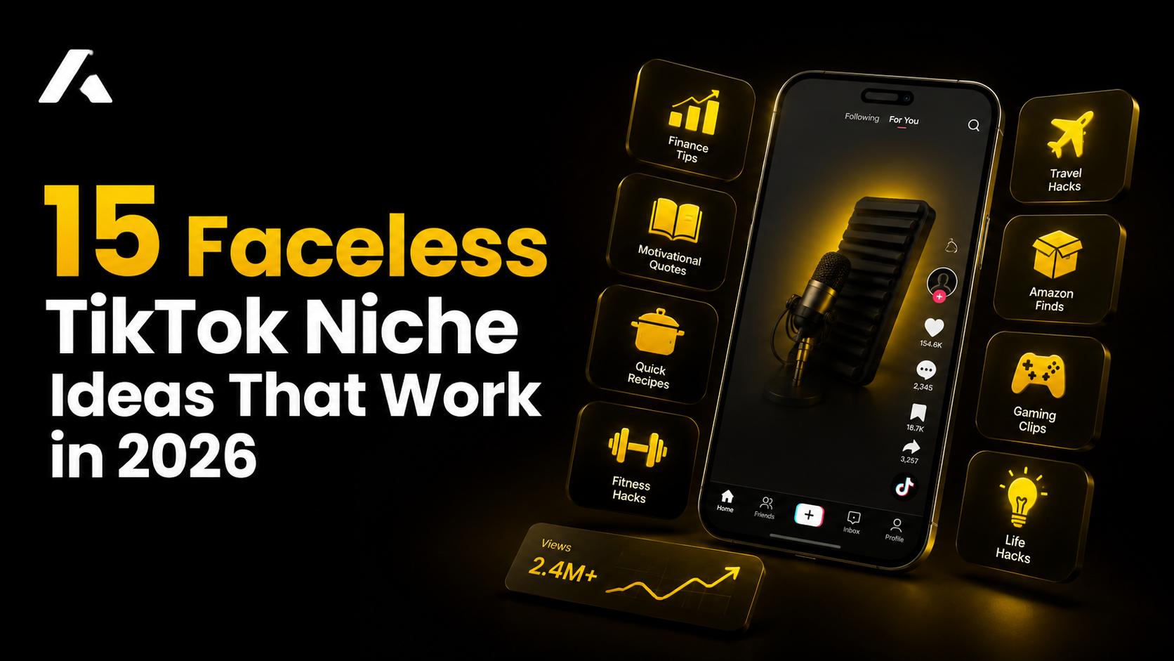 A glowing smartphone screen displaying vertical video metrics, surrounded by floating icons representing different content niches like science, finance, and storytelling.