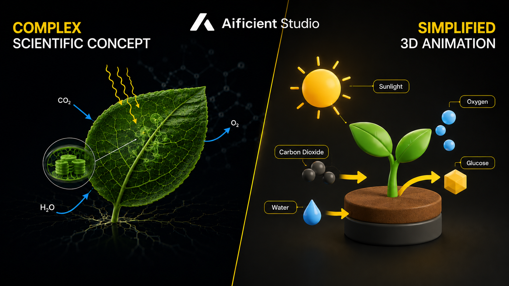 A split screen showing a complex scientific concept on one side and a simplified, highly stylized 3D animation of the same concept on the other.