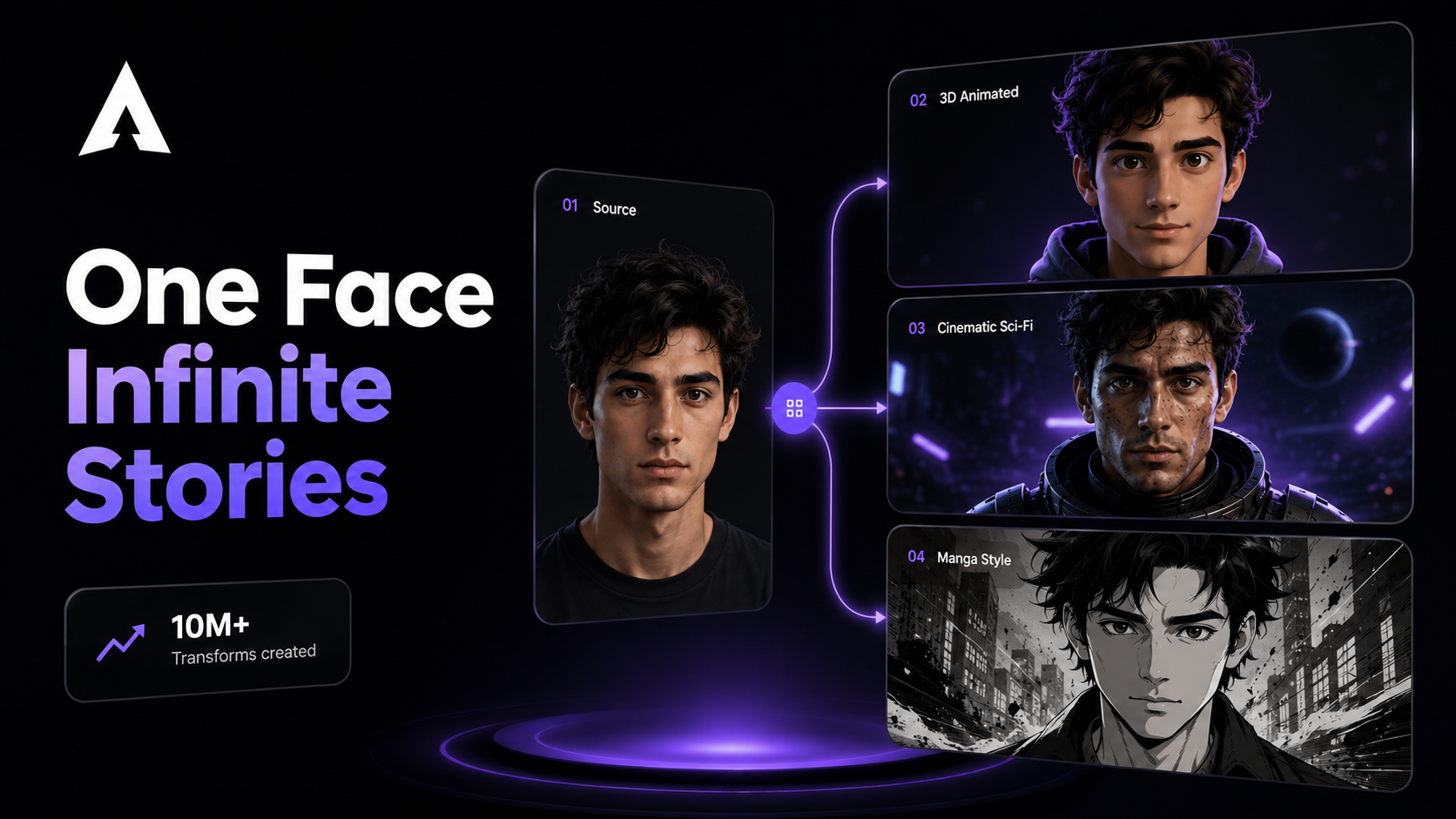 Un desglose visual que muestra cómo una sola foto de retrato se transforma en un personaje animado en 3D, un personaje cinematográfico de ciencia ficción y un presentador de documental de acción real.