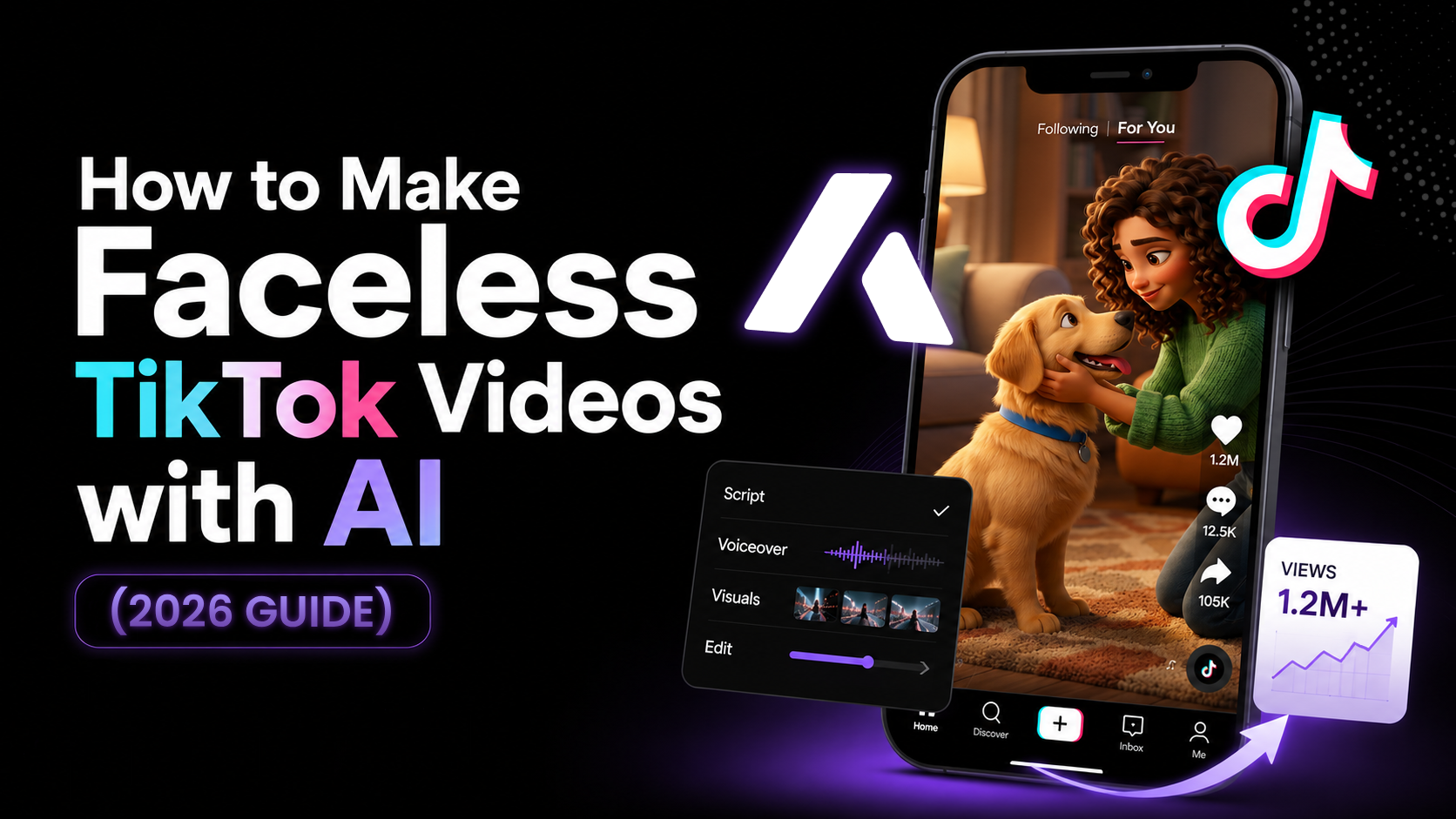 A smartphone screen displaying a faceless TikTok video with dynamic AI-generated scenes and captions, surrounded by floating social media icons.