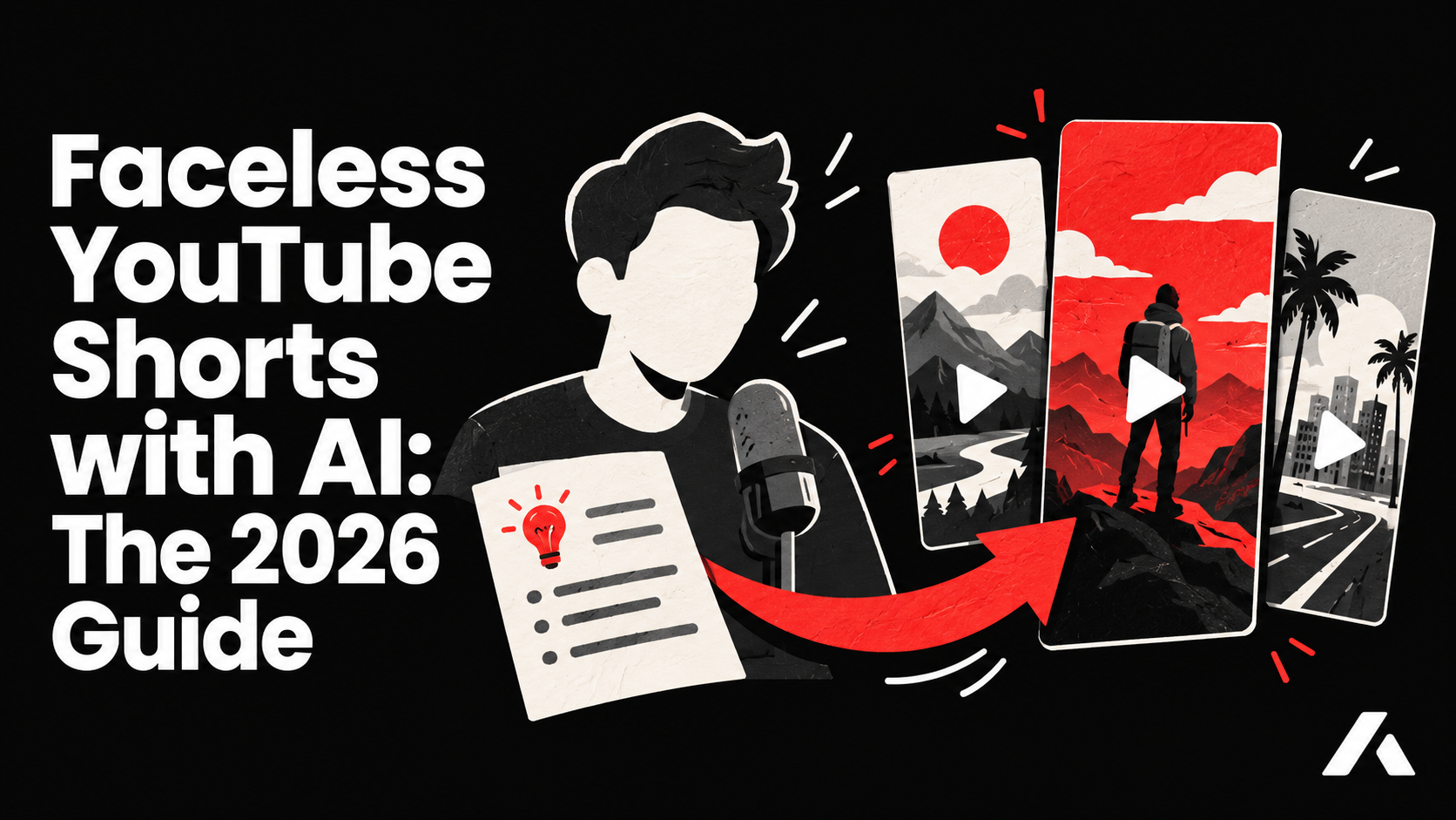 Un smartphone mostrando un YouTube Short vertical con un personaje generado por IA y subtítulos dinámicos, rodeado de iconos de interacción social.