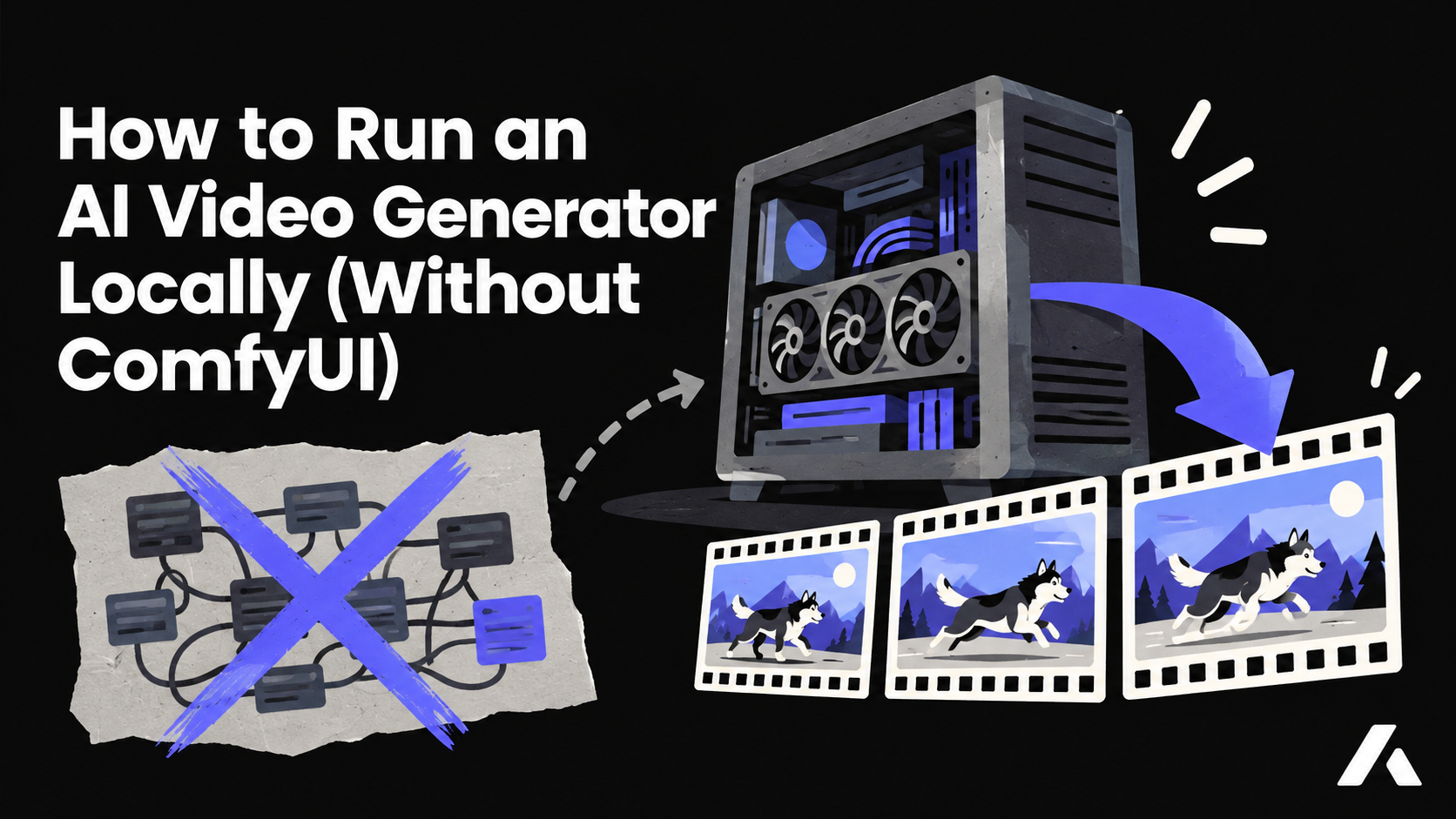 A high-end gaming PC with a glowing graphics card next to a clean, timeline-based video editing interface