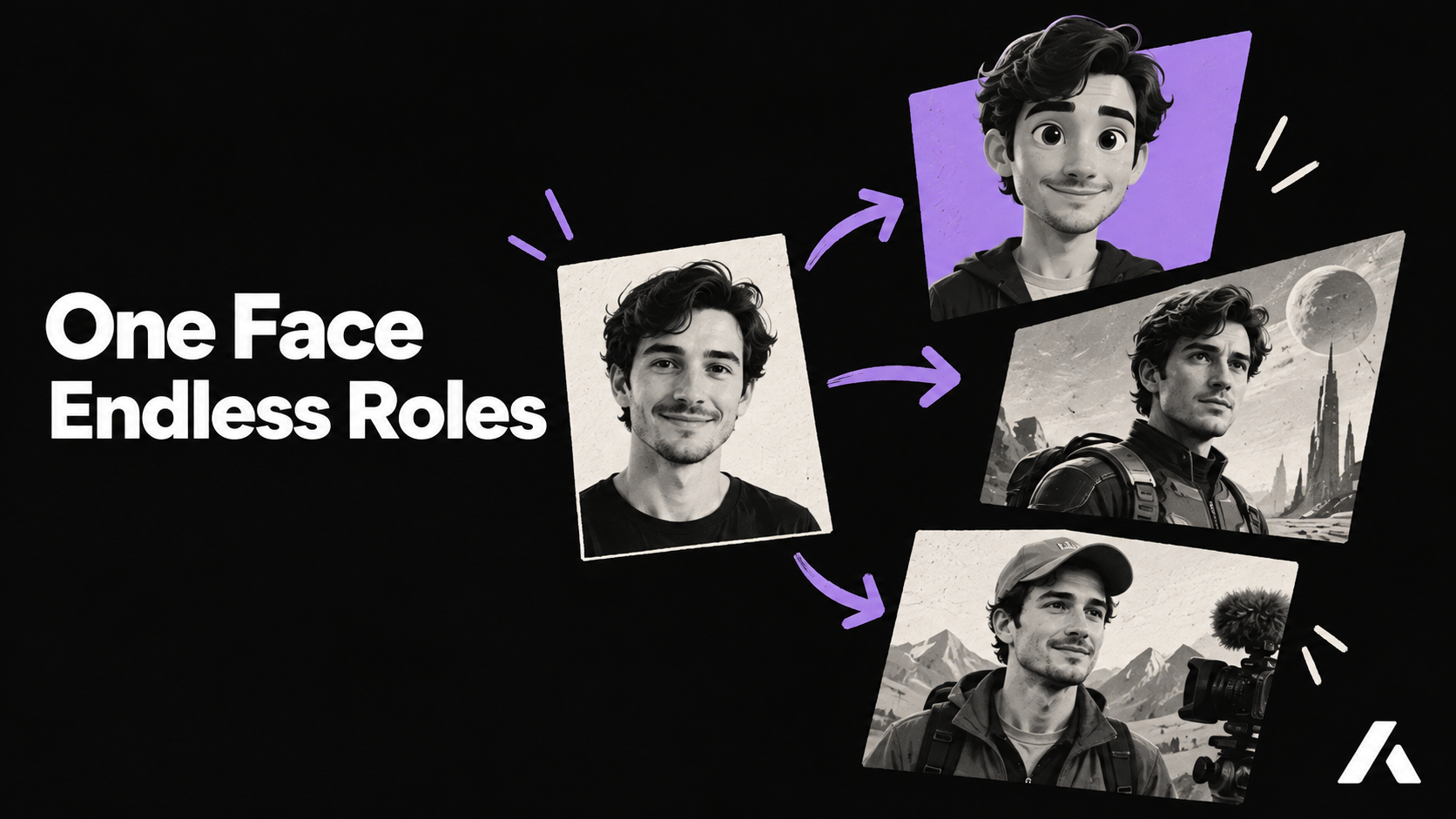 A visual breakdown showing a single portrait photo being transformed into a 3D animated character, a cinematic sci-fi character, and a live-action documentary host.