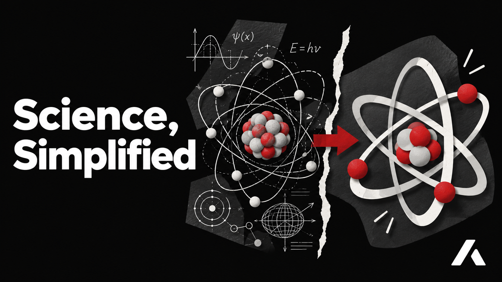 A split screen showing a complex scientific concept on one side and a simplified, highly stylized 3D animation of the same concept on the other.