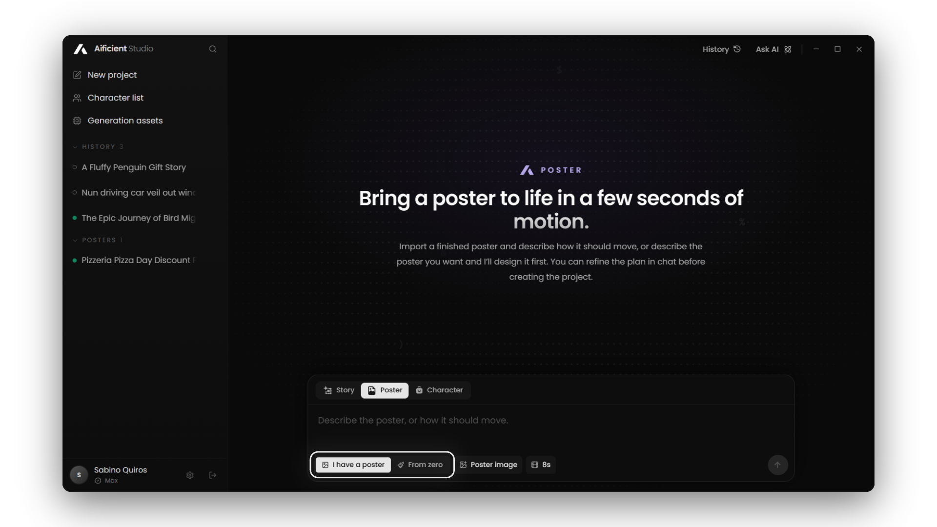 The Aificient Studio interface showing the upload screen for the 'I have a poster' mode, highlighting the area where users drop their finished artwork.
