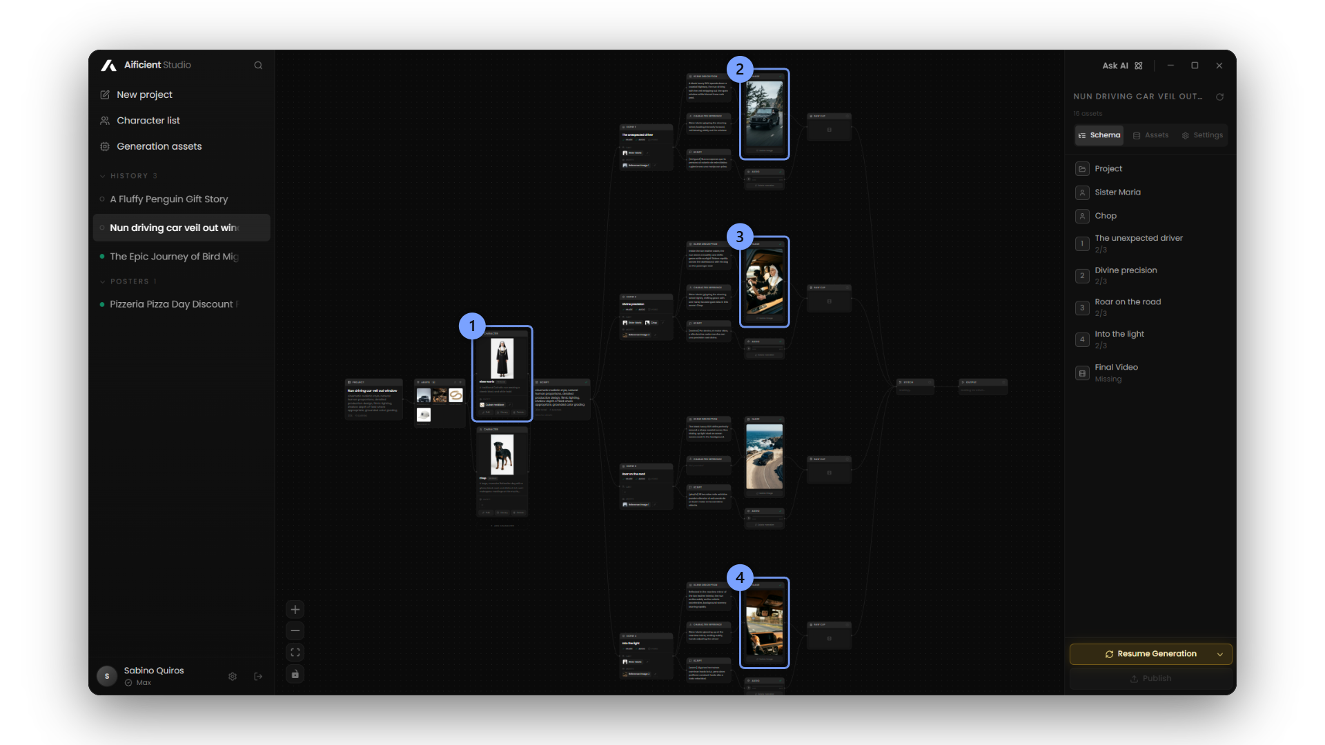 Aificient Studio interface showing a reusable AI character applied to a real estate video storyboard