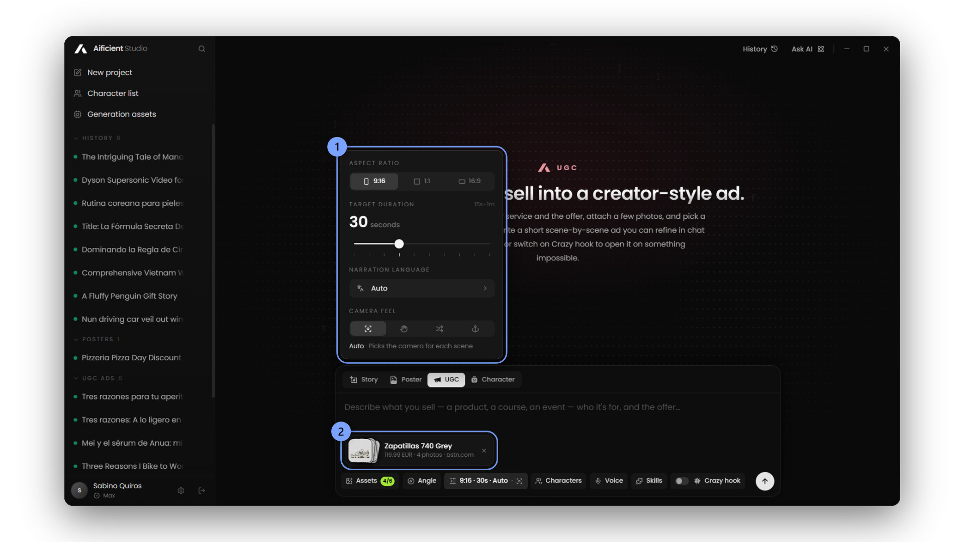 Interfaz UGC de Aificient Studio con una URL de producto pegada, seis fotos del producto y menús desplegables para elegir creador, voz y estilo de cámara.