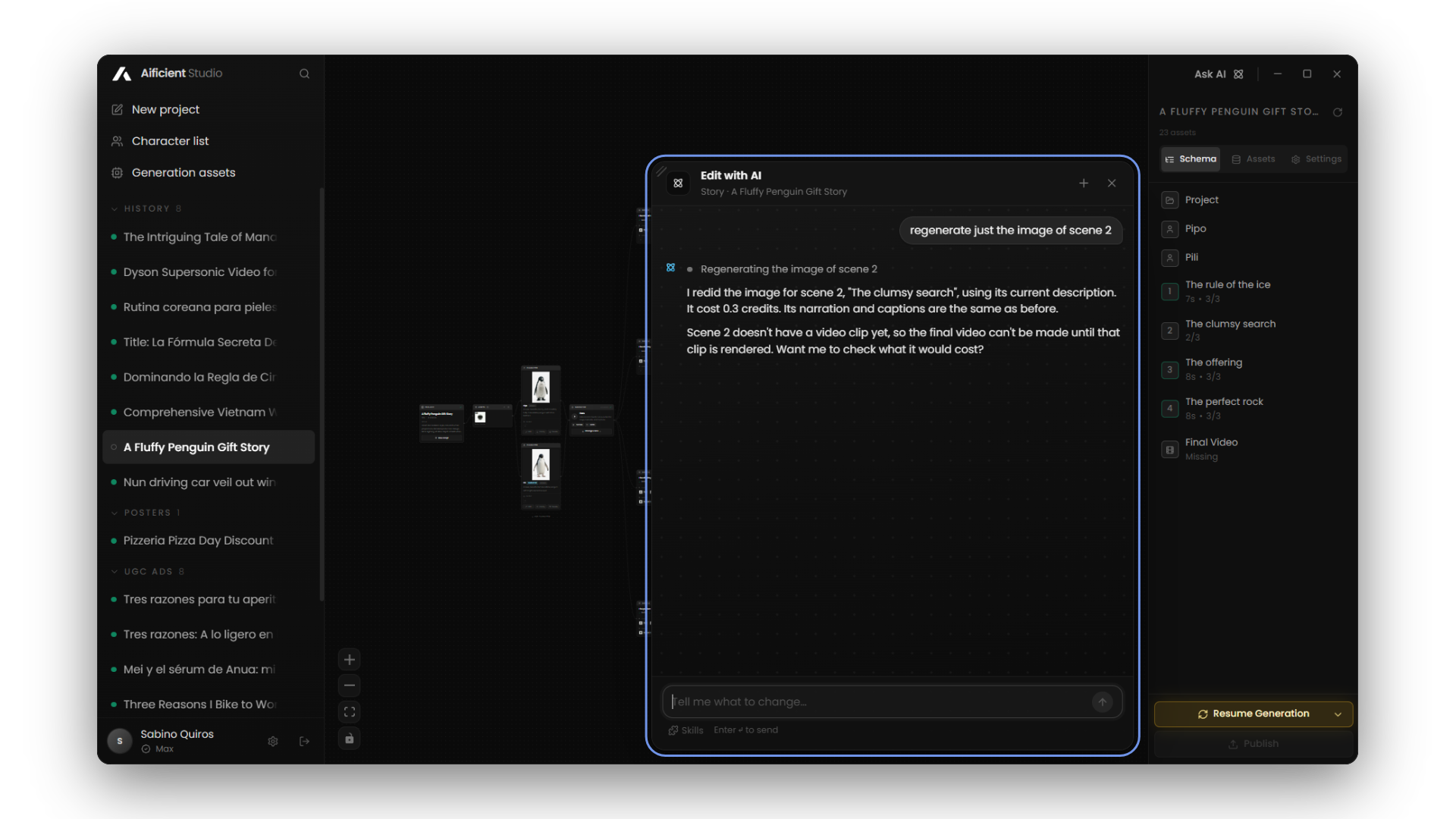 Interfaz de Aificient Studio con la nueva pestaña de Asistente a la derecha, con un chat que dice 'regenera la imagen de la escena 2'.
